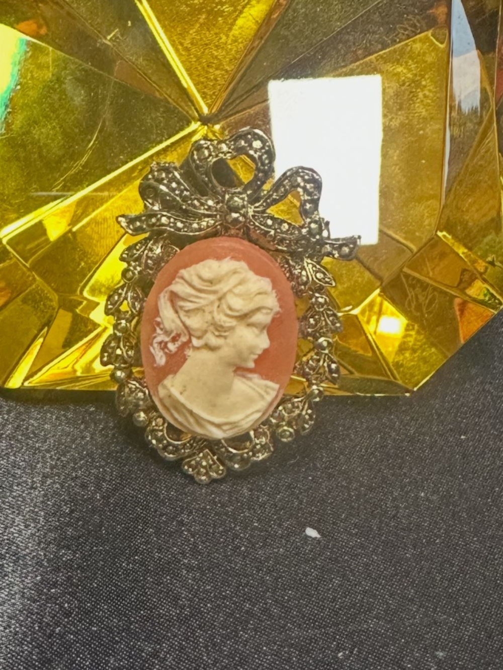 Vintage Cameo Portrait Brooch - Coral and Cream